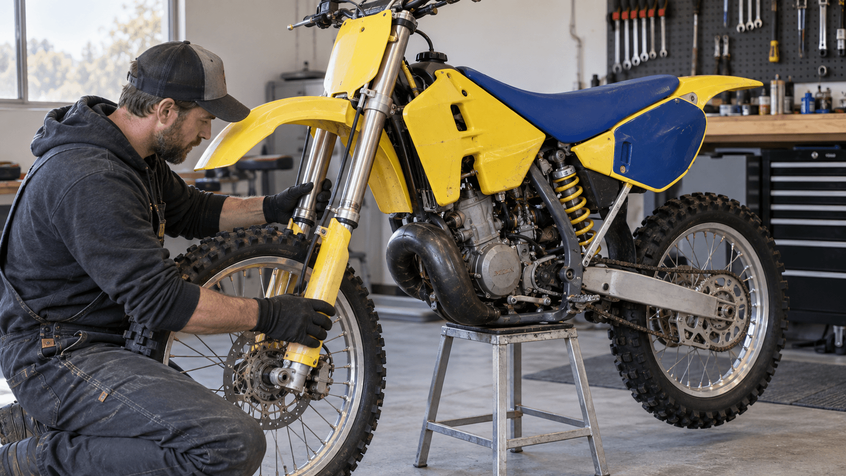 Inspection de la fourche et de l’amortisseur d’une Suzuki RM vintage en atelier